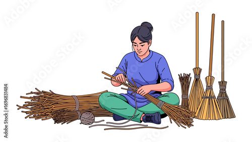Crafting Tradition: A woman thoughtfully weaves together natural materials to create a handmade broom. a scene that celebrates the timeless craft and heritage.