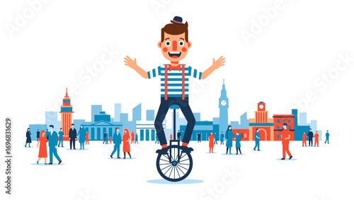 Circus Performer in Town: A cheerful clown balancing on a unicycle, with a picturesque town as his stage, symbolizing joyful entertainment and city charm.