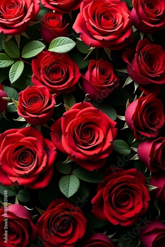 Close up of fresh red roses with lush green leaves