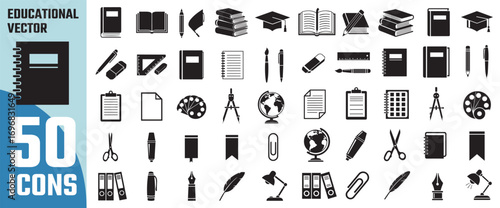 Collection of fifty educational icons representing school supplies books pens pencils globes and learning tools for academic concepts