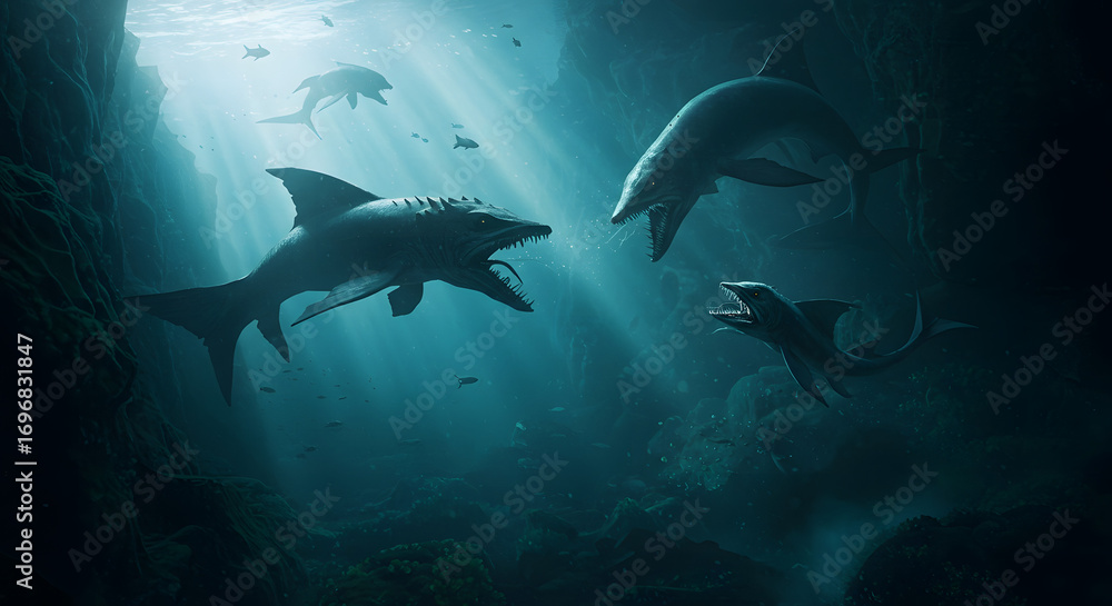 Obraz premium Generative AI Deep Sea Predator Attack Ocean Underwater Prehistoric Animal Shark Fish Water Creature Monster Digital art Rendering Illustration Aquatic Danger Fear Mystery - Modern Look