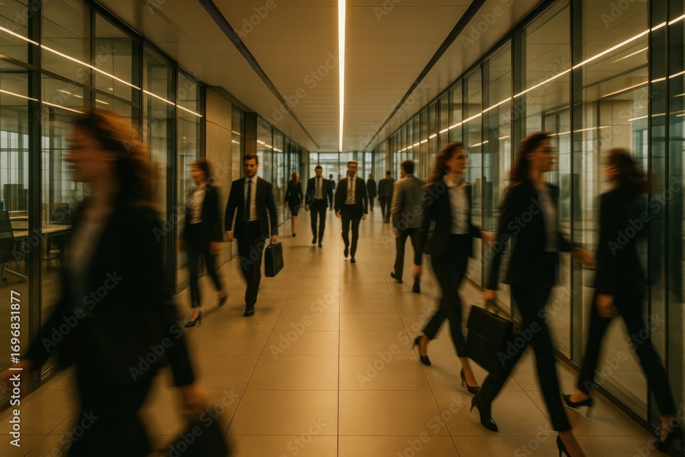 Fototapeta premium Busy Office Corridor with Professionals in Suits Walking with Briefcases and Blurred Motion