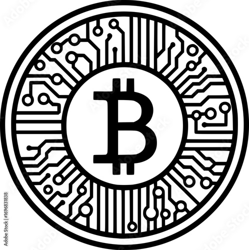 Minimalist black and white vector of a digital coin with circuit pattern, clean line art style, simple cryptocurrency and fintech symbol design