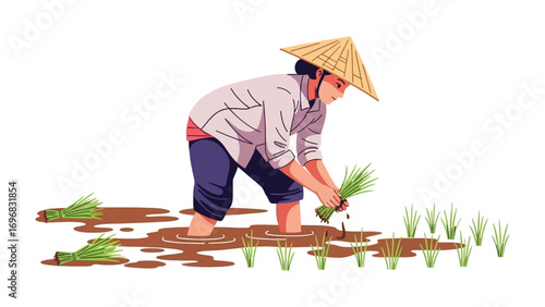 Rice Paddy Labor: A diligent figure, clad in traditional attire, toiling in a flooded rice paddy, meticulously transplanting young rice seedlings.