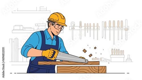 Artisan Crafting Wood: A skilled artisan diligently saws through a piece of wood, capturing the precision and dedication required for carpentry.