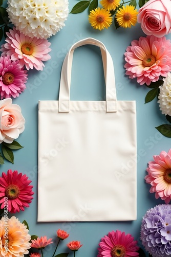 White canvas tote bag mockup with colorful flowers on pastel blue background