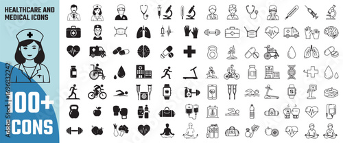 Collection of over one hundred medical and healthcare icons featuring doctors nurses and various health related symbols for digital and print use