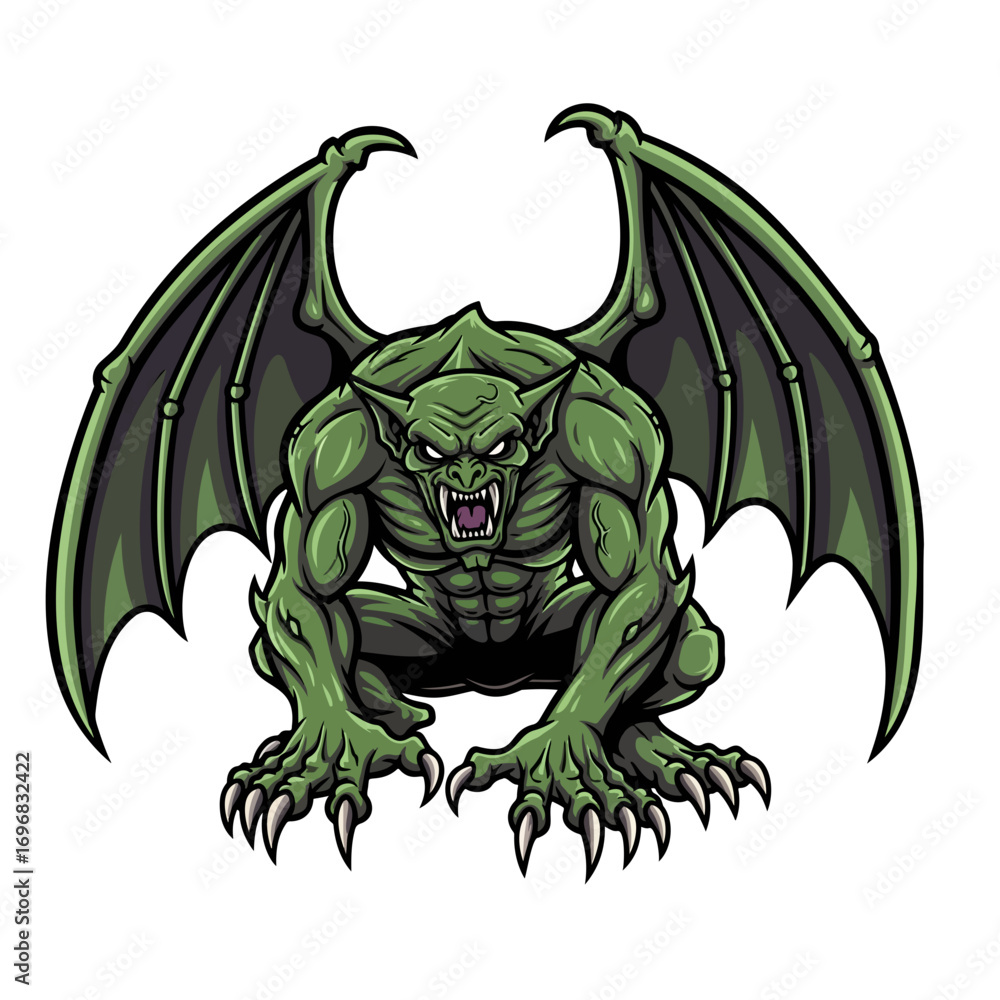 Fototapeta premium Crouching green gargoyle monster with wings