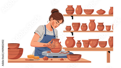 Crafting Clay Creations: An artisan, immersed in their craft, skillfully shapes a clay vessel at the potter's wheel, embodying artistic precision and the timeless allure of pottery.
