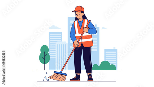 Urban Cleaner at Work: A diligent street cleaner, garbed in a vibrant uniform, tackles the cityscape's detritus with their trusty broom.