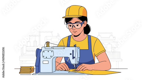 Seamstress at Work: A skilled seamstress, complete with protective gear, expertly operates a sewing machine in a clean, well-lit studio, meticulously crafting the textile fabric. 