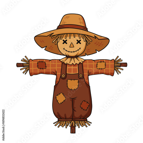 Cartoon scarecrow with a straw hat and patchwork overalls vector illustration on transparent background