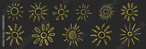 Kids crayon textured hand drawing sun icon set. Chalk grunge texture doodle yellow outline naive sun. Collection freehand childish pencil scribble sunlight. Baby elements. Vector illustration isolated