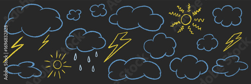 Kids crayon textured hand drawing weather icon set. Chalk grunge doodle outline naive clouds, lightning bolt, rain, sun. Freehand childish pencil scribble. Baby elements. Vector illustration isolated.