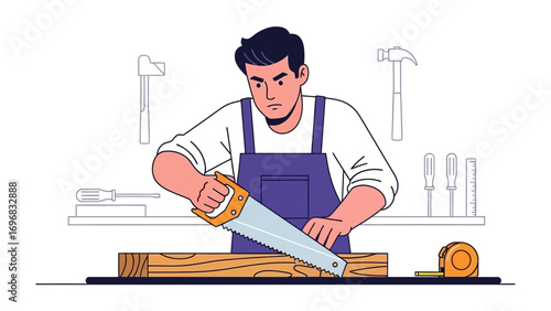 Craftsman's Precision: A focused artisan skillfully uses a hand saw to cut wood, with his workshop background. This illustration captures a moment of focused, skill, craftsmanship, and dedication.