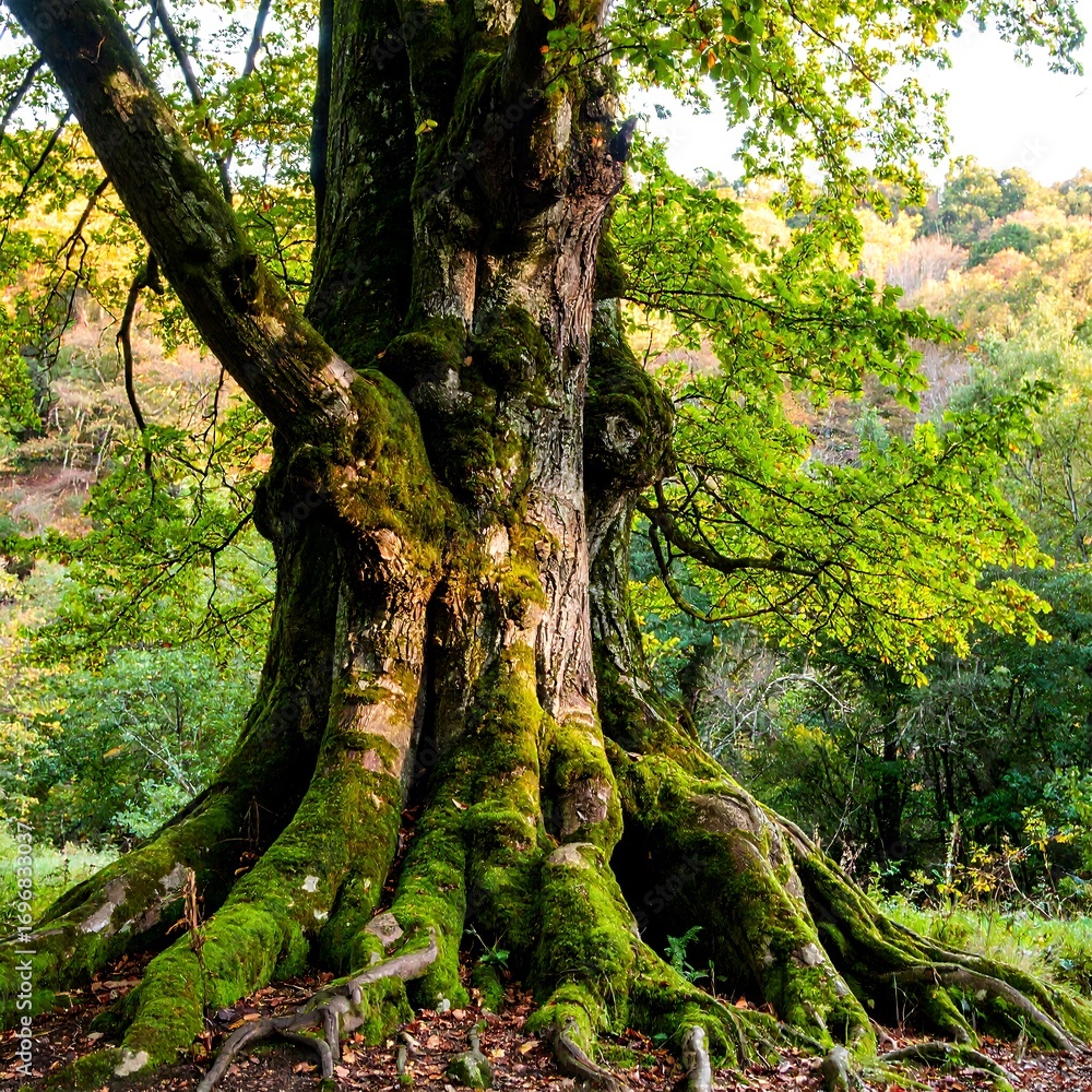 Fototapeta premium A magnificent ancient tree, its massive roots and mossy trunk, a testament to nature's enduring power.