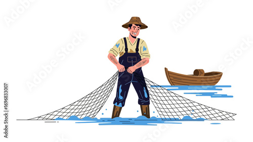 A fisherman casts his net: A lone fisherman in a straw hat skillfully casts his net into the sea, a humble scene evoking the essence of labor and self-reliance. 