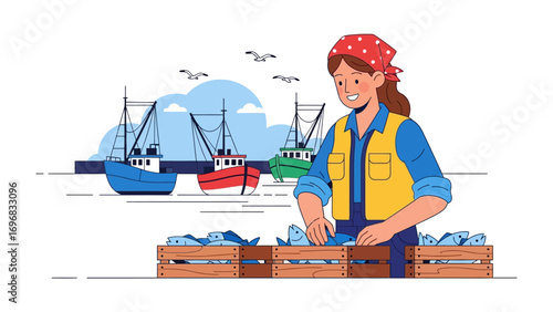 Fisherwoman's Bounty: A smiling fisherwoman, donned in a bright headscarf, sorting through a freshly caught fish haul, wooden crates in tow, all in front of colorful fishing vessels at the dock.