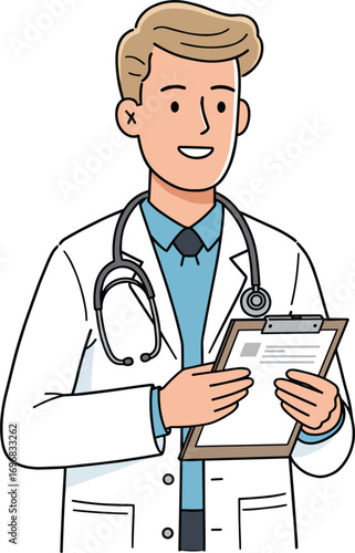 Smiling male doctor holding clipboard and stethoscope, healthcare professional, medical expert, hospital doctor portrait, clinical service scene.