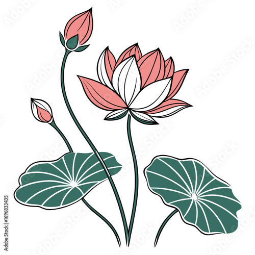 Elegant stylized line art illustration of a pink lotus flower with two buds and green leaves isolated on a white background