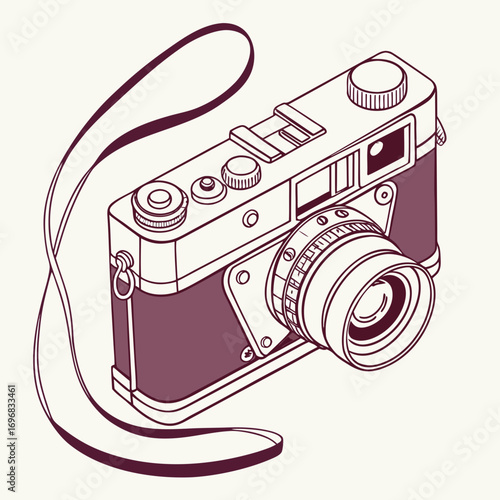 Stylized retro film camera illustration with a strap, presented in a clean line art style for creative hobby and art projects