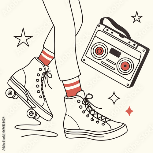 Retro roller skates and cassette tape illustration representing 80s and 90s nostalgia and vintage lifestyle