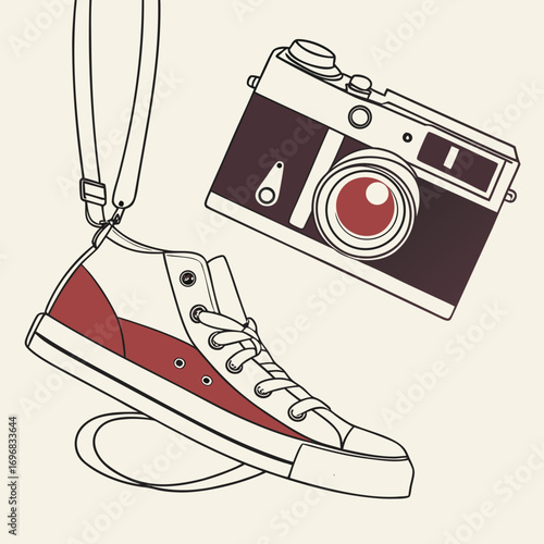 Retro sneaker and vintage camera, creative lifestyle concept for photographers and urban explorers
