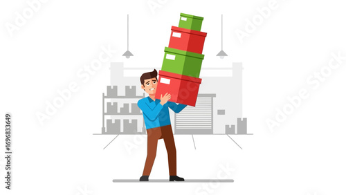 Box Load: A determined individual navigates the warehouse, expertly carrying a towering stack of colorful boxes, embodying the hustle of logistical tasks.