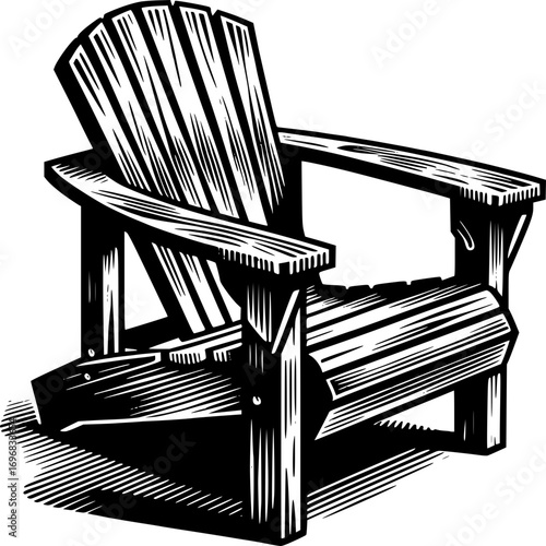 Adirondack Chair: A detailed illustration of a classic Adirondack chair, perfect for relaxing outdoors, its inviting design and sturdy construction suggest comfort and leisure.