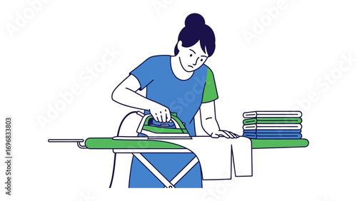 Ironing Activity: A diligent individual meticulously irons a garment on a classic ironing board. Highlighting the simple beauty of everyday life with crisp lines and inviting colors.