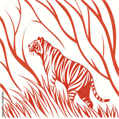 Striking Silhouette Red Tiger Amidst Lush Foliage, A Graphic Depiction in the Wilderness