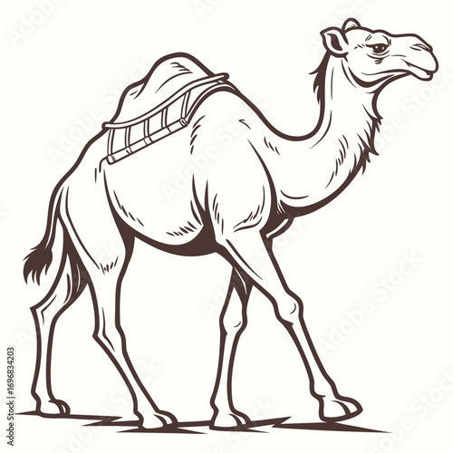 Line art illustration of a camel with a saddle, standing confidently on a white background