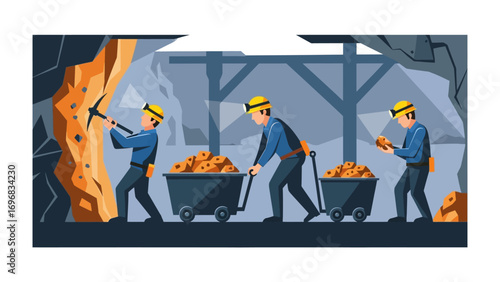 Beneath the Surface: A vibrant illustration captures the gritty reality of mining, with diligent workers laboring underground to extract precious resources.