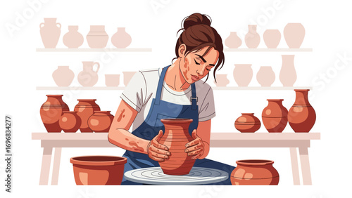Crafting Art: A dedicated artisan intently shapes a vessel on a pottery wheel, surrounded by an array of finished creations. A testament to the skill and dedication of the artisan.