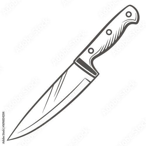 Hand-drawn chef knife illustration for cooking and culinary concepts. Vintage black and white kitchen utensil sketch isolated on a white background