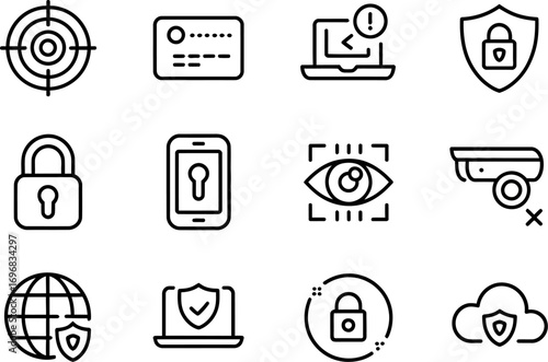 Collection of modern outline icons representing digital security and data protection concepts.