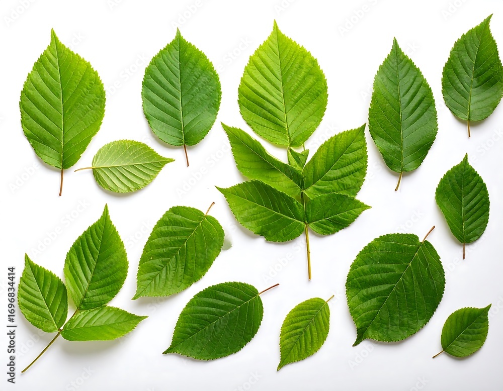 Fototapeta premium Fresh green leaves arranged in a symmetrical pattern against a bright white background, showcasing their intricate details and vibrant hues.