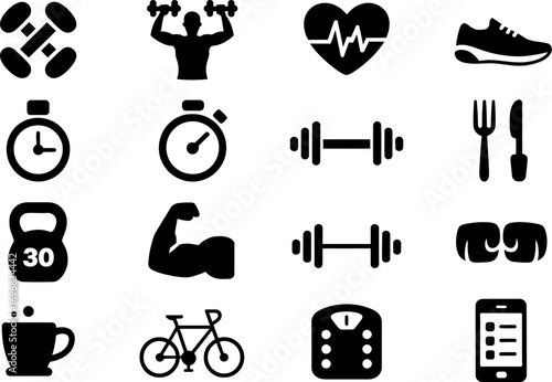 Collection of fitness and health icons symbolizing exercise, nutrition, and well-being.