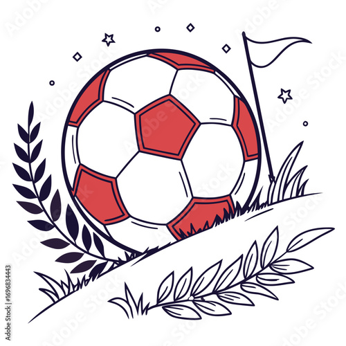 Hand-drawn sketch of a soccer ball on a grassy hill with a flag, representing the spirit of competition and victory