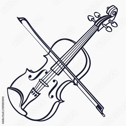Elegant black and white line art illustration of a classical violin and bow, symbolizing orchestral music and melodic harmony