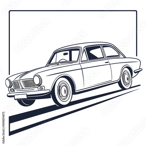 Monochrome vector illustration of a timeless classic car, a vintage two-door coupe driving on a stylized road