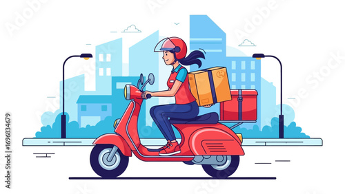 Speedy Delivery: A vibrant illustration captures a determined individual, zipping through a modern city landscape on a red scooter, carrying a delivery package.