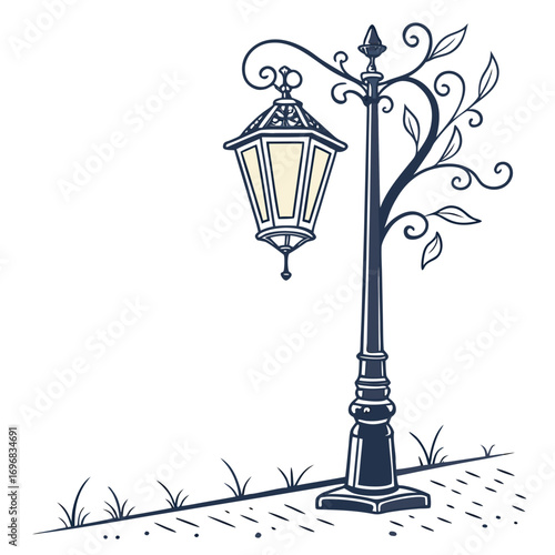 Hand-drawn illustration of a classic, ornate street lamppost with swirling vine decoration on a white background