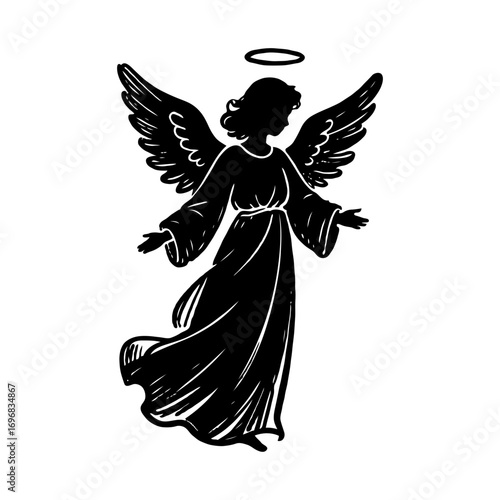 Silhouette of an angel with wings and halo in a flowing robe, hand-drawn style, isolated on white background, symbol of peace and divinity