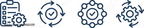 Process icons representing workflow, cycles, and task management with checkmarks and gears.