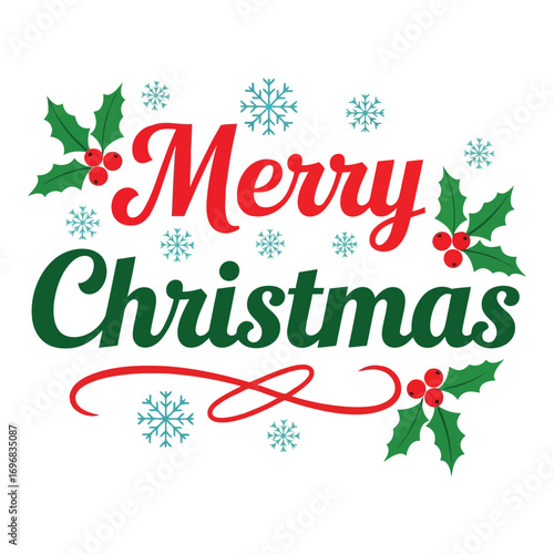 Festive merry christmas text with holly and snowflakes for holiday greetings vector