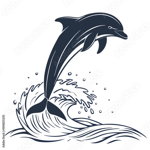 Dark Blue Silhouette of a Dolphin Leaping Through Waves on White Background jumping water