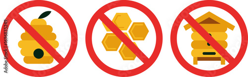 Warning signs prohibiting bees, honeycombs, and beehives represent danger or prohibition