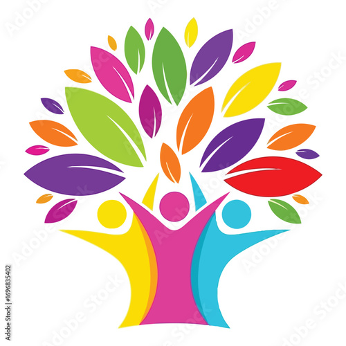 Vibrant abstract tree with joyful human figures celebrating growth and unity vector