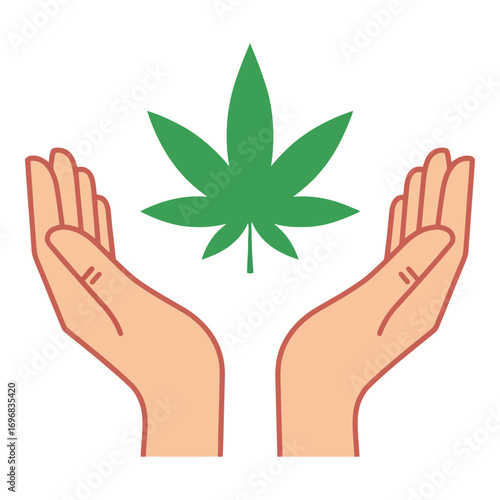 Hands caring for cannabis leaf symbol medical marijuana legalization and wellness concept vector